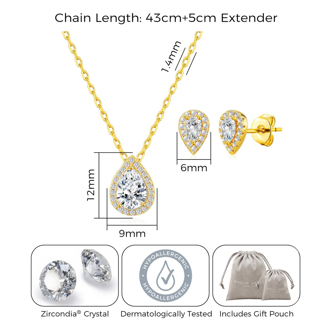 18k Gold Plated Pear Halo Set Created with Zircondia® Crystals