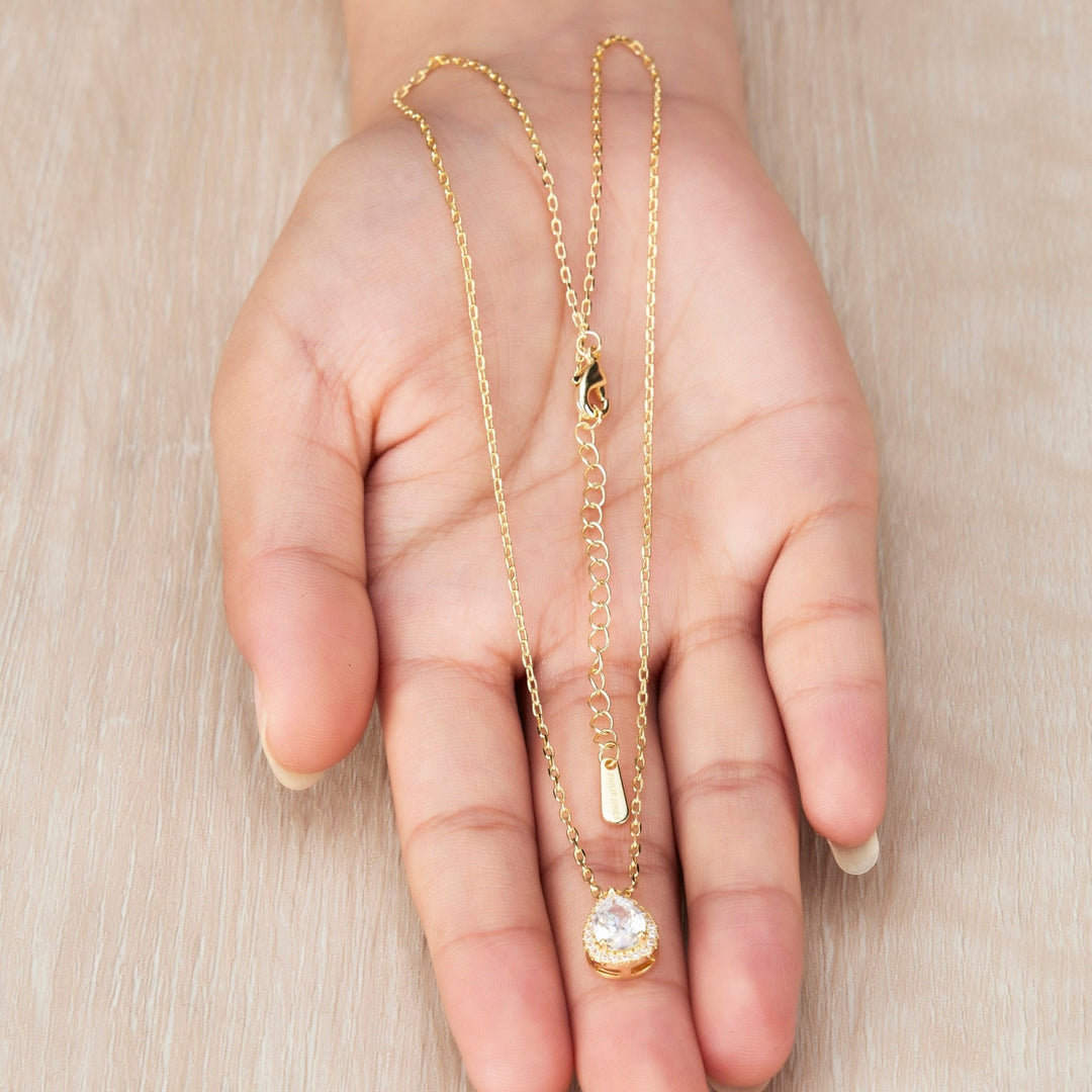 18k Gold Plated Pear Halo Set Created with Zircondia® Crystals