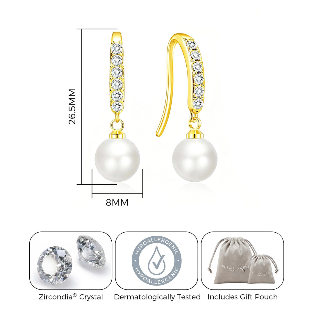 18k Gold Plated Pearl Drop Bridal Earrings Created with Zircondia® Crystals - Philip Jones Jewellery