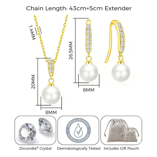 18k Gold Plated Pearl Drop Bridal Set Created with Zircondia® Crystals - Philip Jones Jewellery