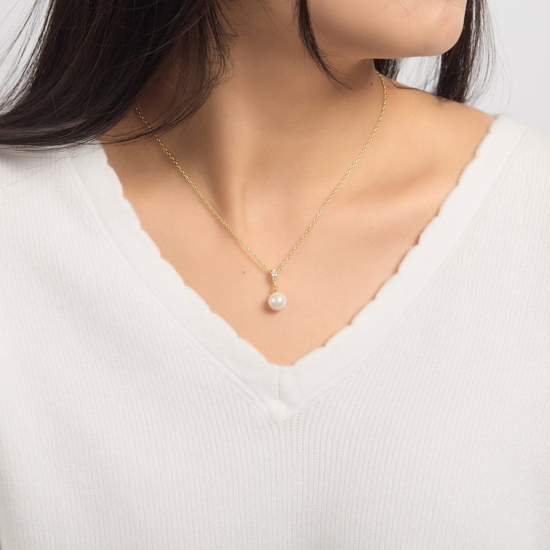 18k Gold Plated Pearl Drop Necklace Created with Zircondia® Crystals - Philip Jones Jewellery