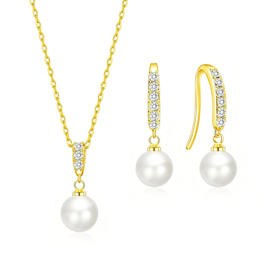 18k Gold Plated Pearl Drop Set Created with Zircondia® Crystals - Philip Jones Jewellery