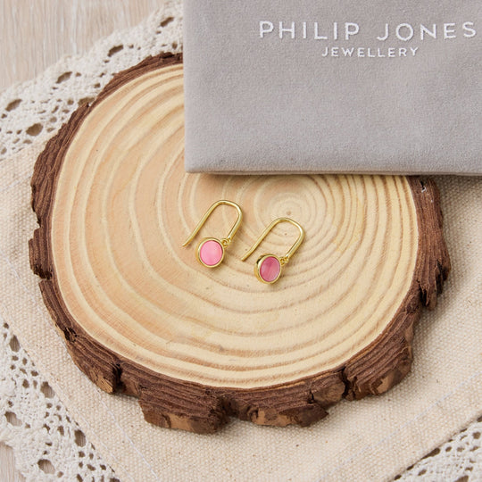 18k Gold Plated Pink Mother of Pearl Drop Earrings - Philip Jones Jewellery