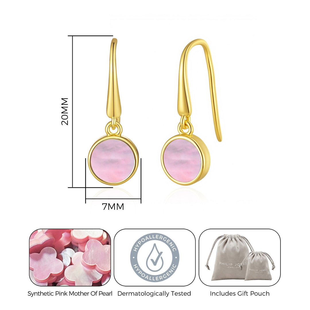 18k Gold Plated Pink Mother of Pearl Drop Earrings - Philip Jones Jewellery
