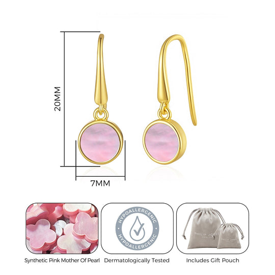18k Gold Plated Pink Mother of Pearl Drop Earrings - Philip Jones Jewellery