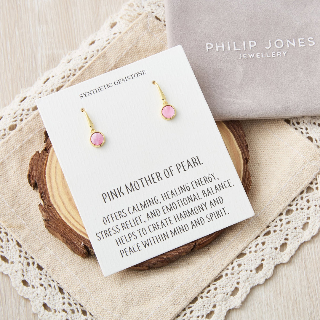 18k Gold Plated Pink Mother of Pearl Drop Earrings with Quote Card - Philip Jones Jewellery