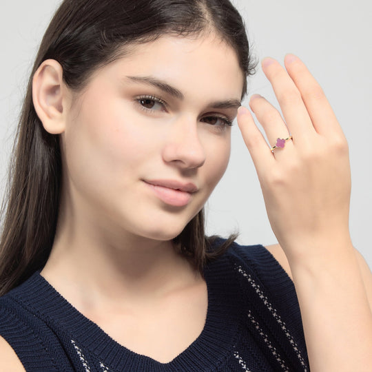 18k Gold Plated Pink Mother of Pearl Gemstone Adjustable Clover Ring