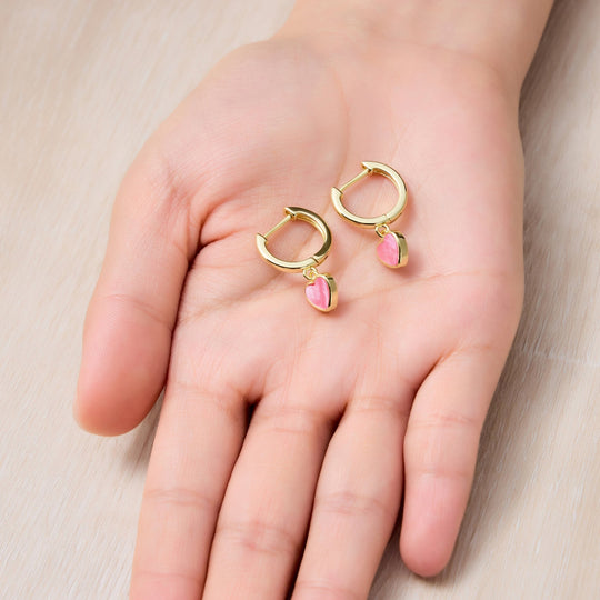 18k Gold Plated Pink Mother of Pearl Gemstone Heart Charm Hoop Earrings - Philip Jones Jewellery