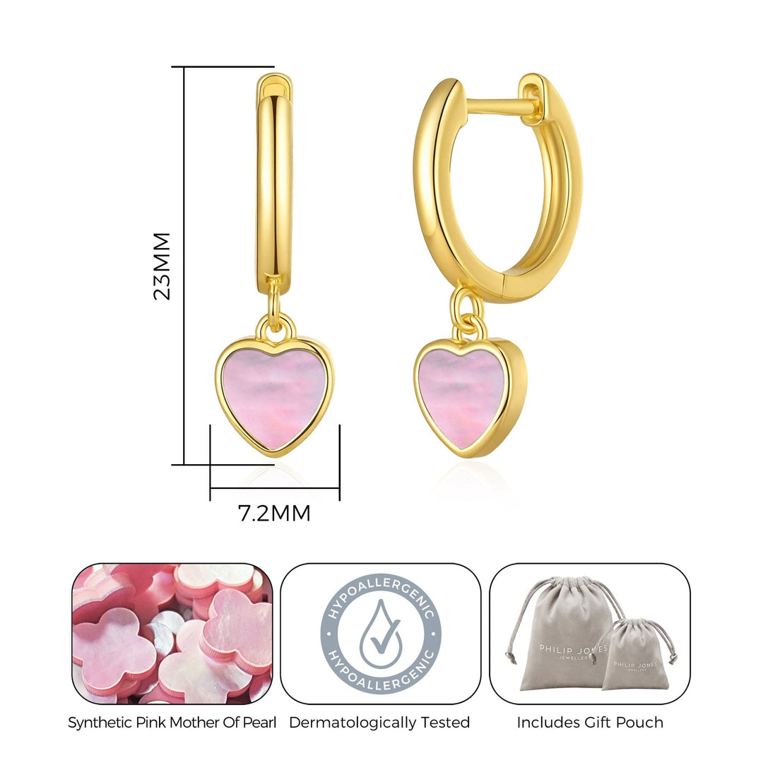 18k Gold Plated Pink Mother of Pearl Gemstone Heart Charm Hoop Earrings - Philip Jones Jewellery