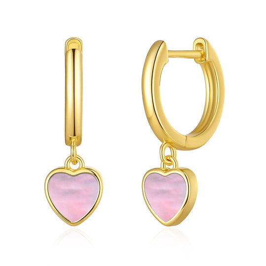 18k Gold Plated Pink Mother of Pearl Gemstone Heart Charm Hoop Earrings - Philip Jones Jewellery