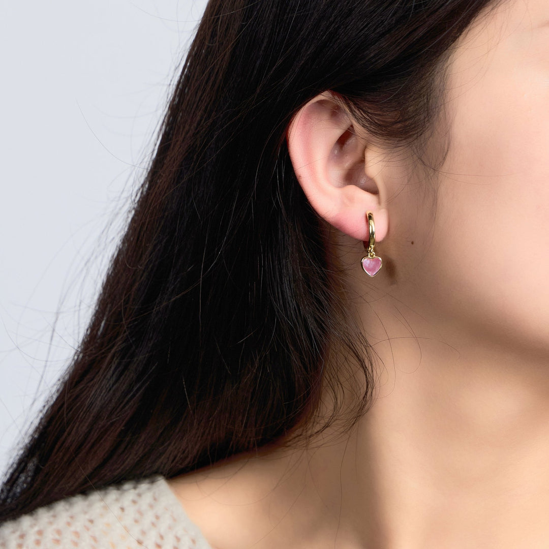 18k Gold Plated Pink Mother of Pearl Gemstone Heart Charm Hoop Earrings - Philip Jones Jewellery