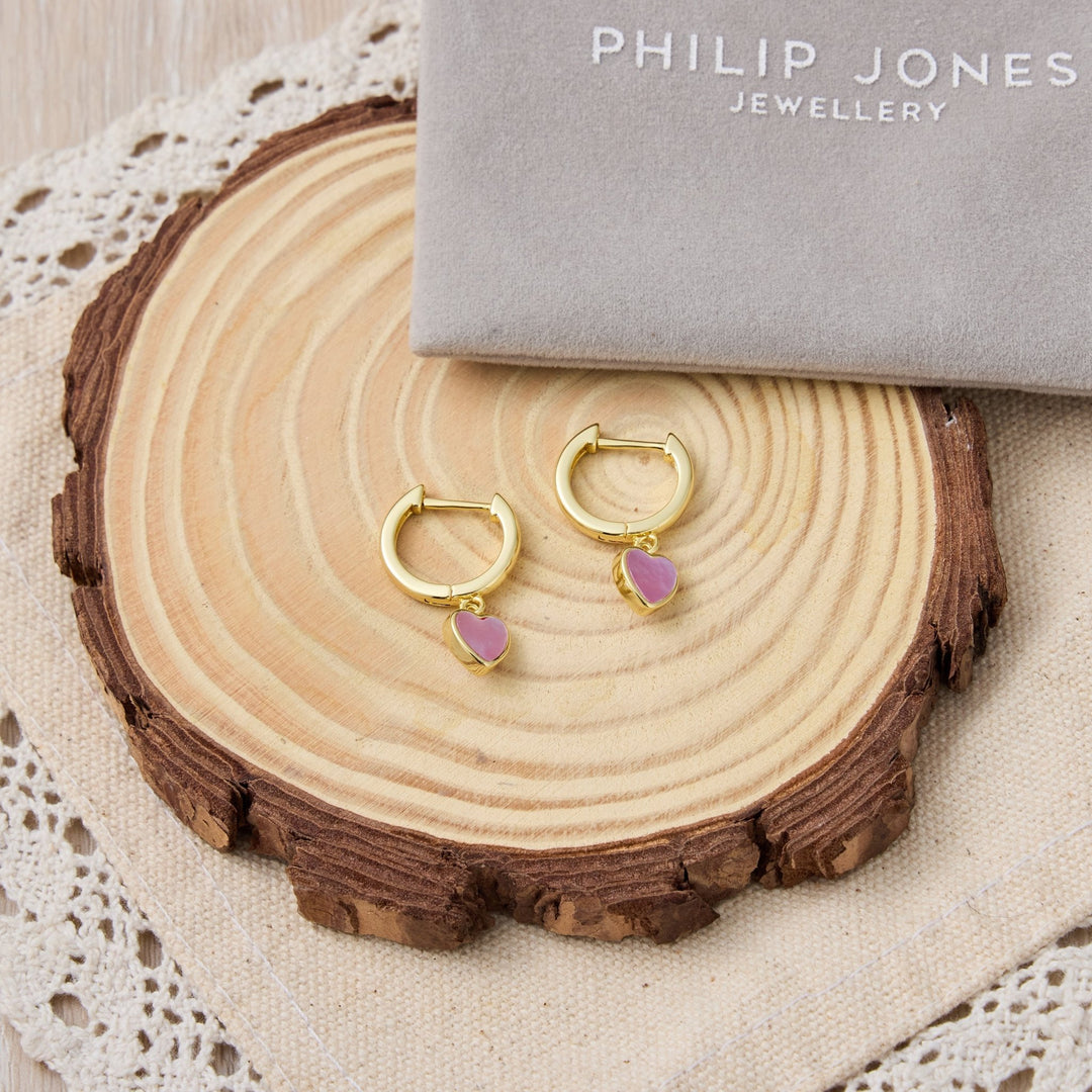 18k Gold Plated Pink Mother of Pearl Gemstone Heart Charm Hoop Earrings - Philip Jones Jewellery