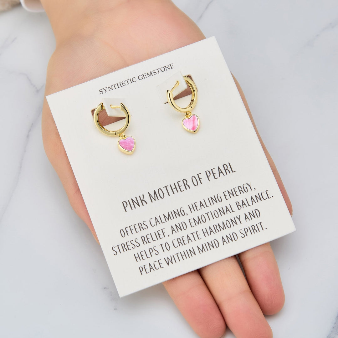 18k Gold Plated Pink Mother of Pearl Gemstone Heart Charm Hoop Earrings with Quote Card - Philip Jones Jewellery