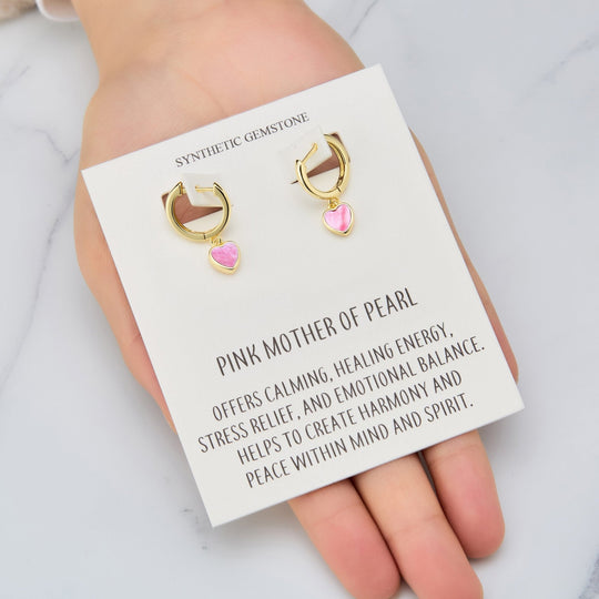18k Gold Plated Pink Mother of Pearl Gemstone Heart Charm Hoop Earrings with Quote Card - Philip Jones Jewellery