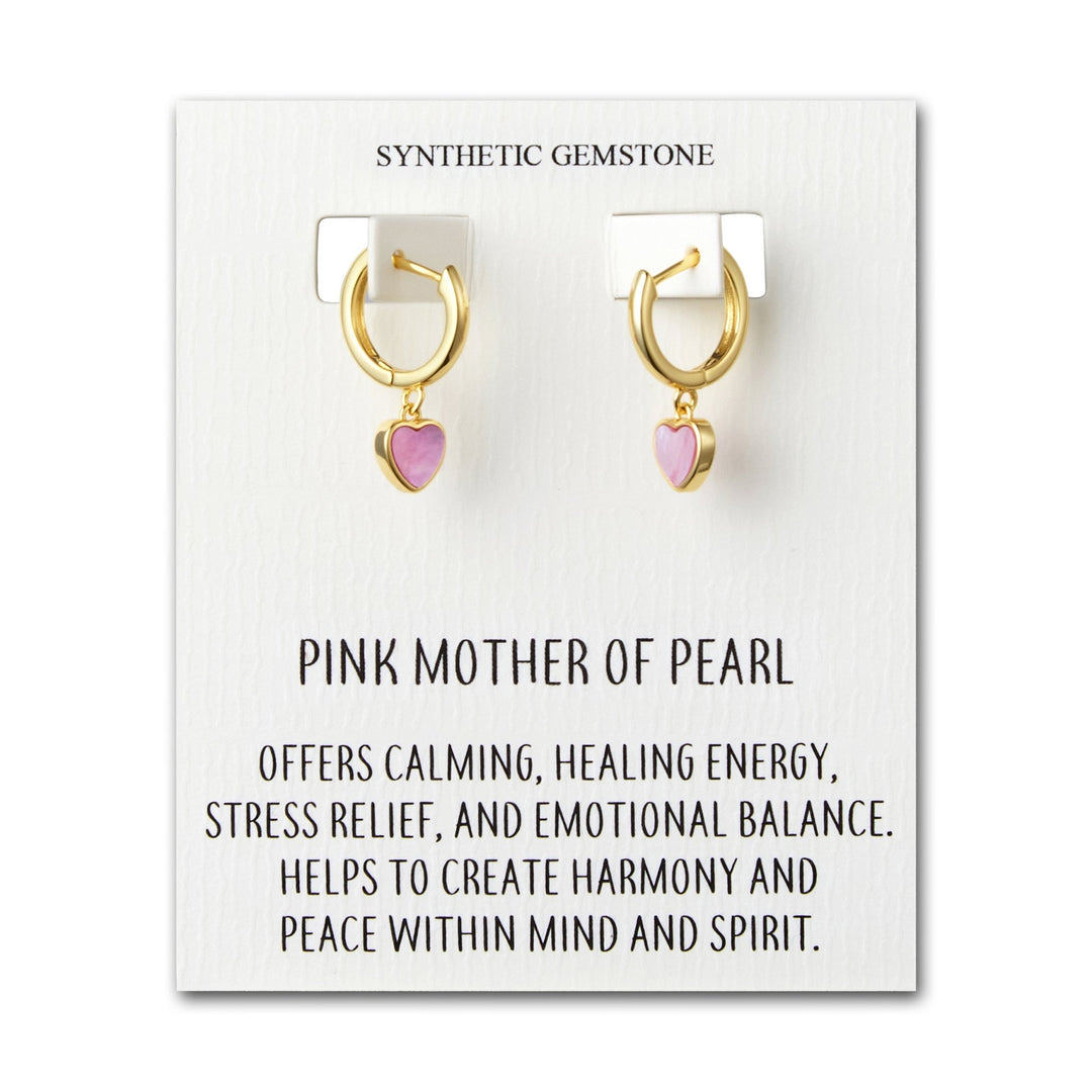 18k Gold Plated Pink Mother of Pearl Gemstone Heart Charm Hoop Earrings with Quote Card - Philip Jones Jewellery
