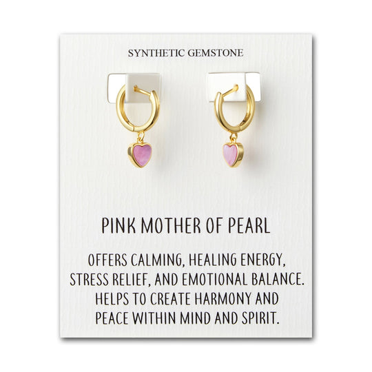 18k Gold Plated Pink Mother of Pearl Gemstone Heart Charm Hoop Earrings with Quote Card - Philip Jones Jewellery