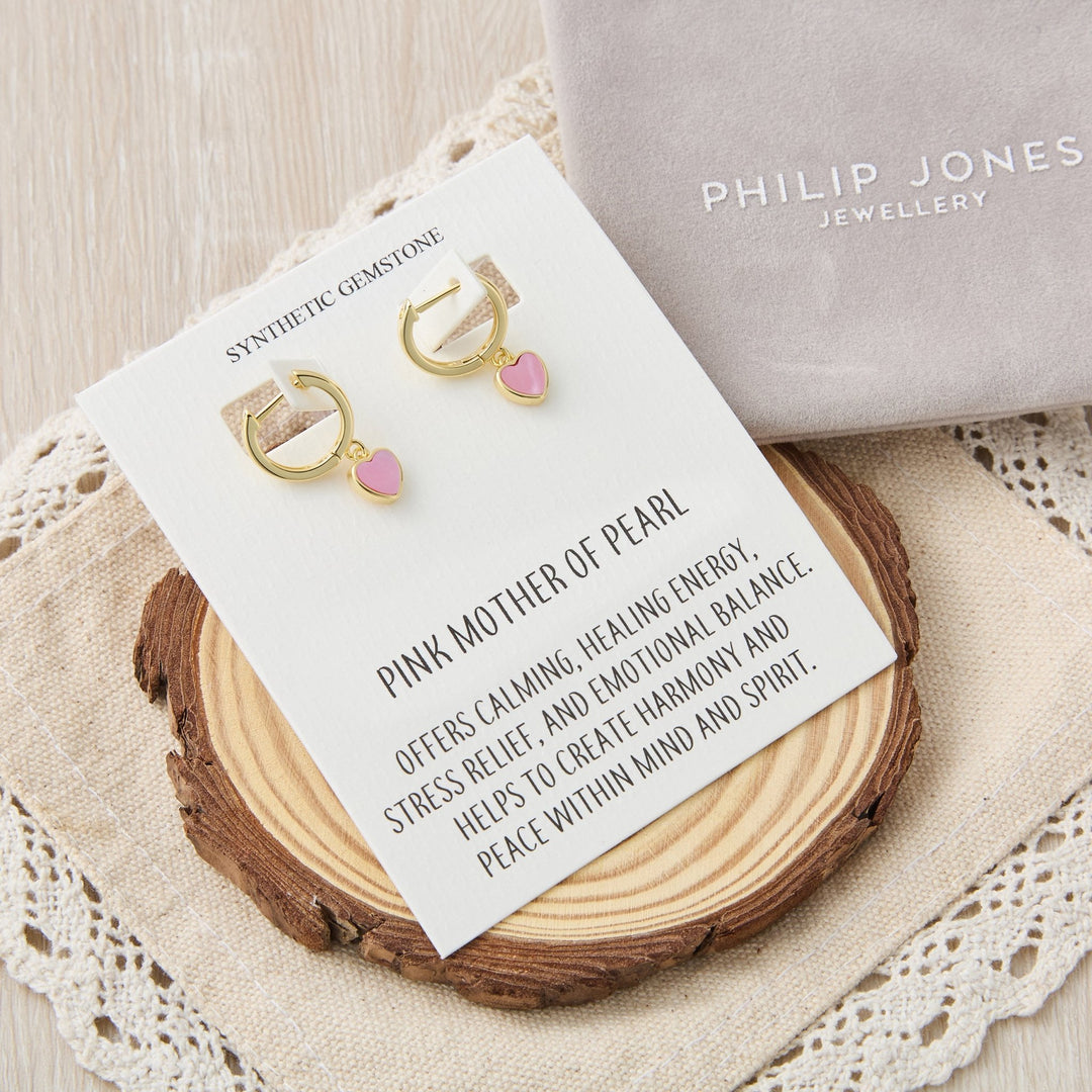18k Gold Plated Pink Mother of Pearl Gemstone Heart Charm Hoop Earrings with Quote Card - Philip Jones Jewellery