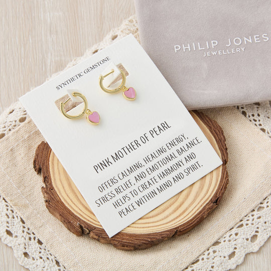 18k Gold Plated Pink Mother of Pearl Gemstone Heart Charm Hoop Earrings with Quote Card - Philip Jones Jewellery
