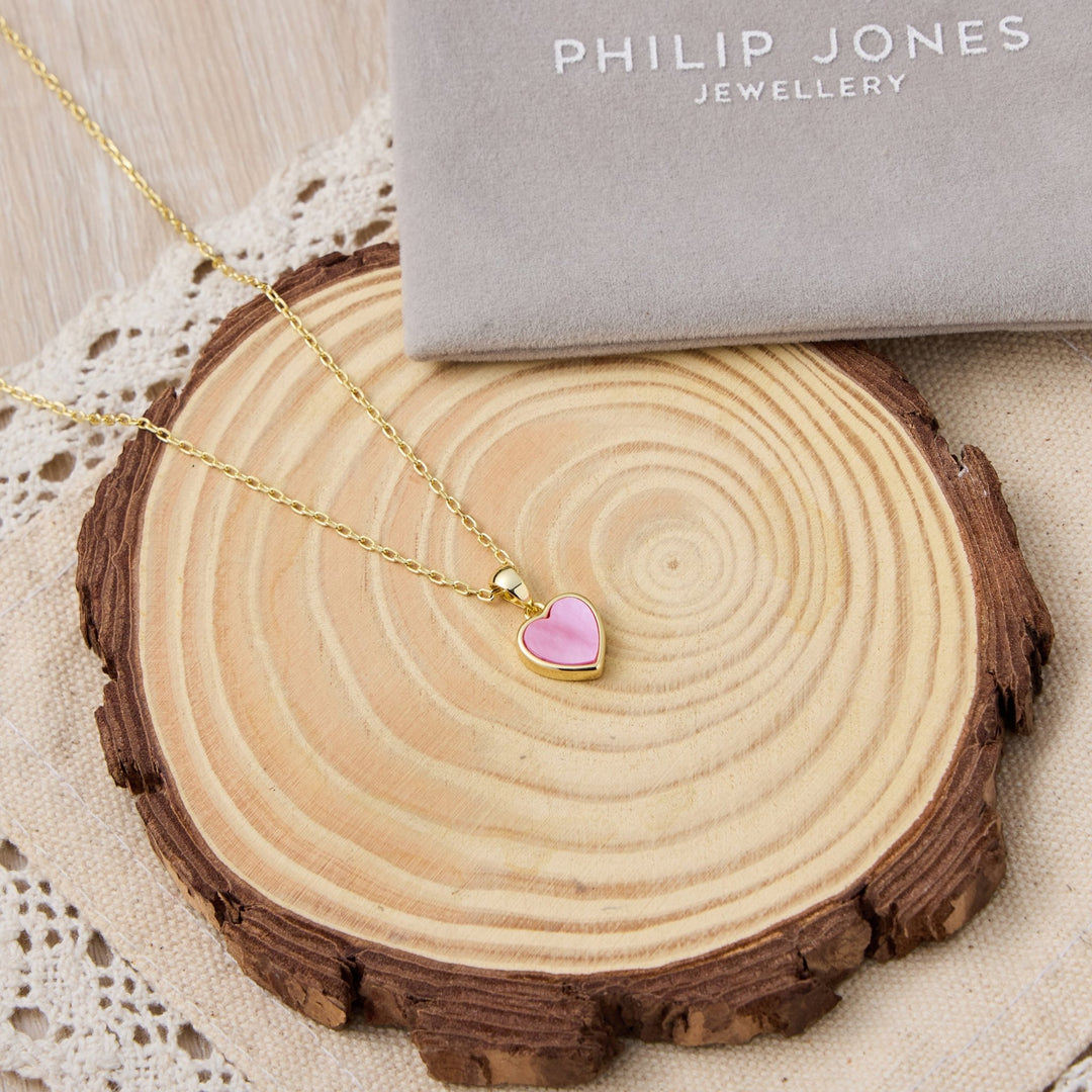 18k Gold Plated Pink Mother of Pearl Gemstone Heart Necklace - Philip Jones Jewellery
