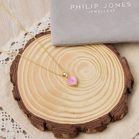 18k Gold Plated Pink Mother of Pearl Gemstone Heart Necklace - Philip Jones Jewellery