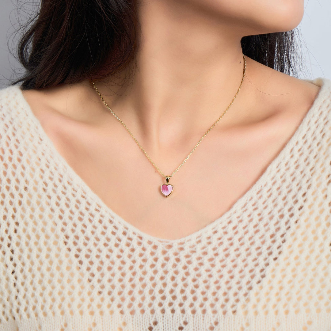 18k Gold Plated Pink Mother of Pearl Gemstone Heart Necklace - Philip Jones Jewellery