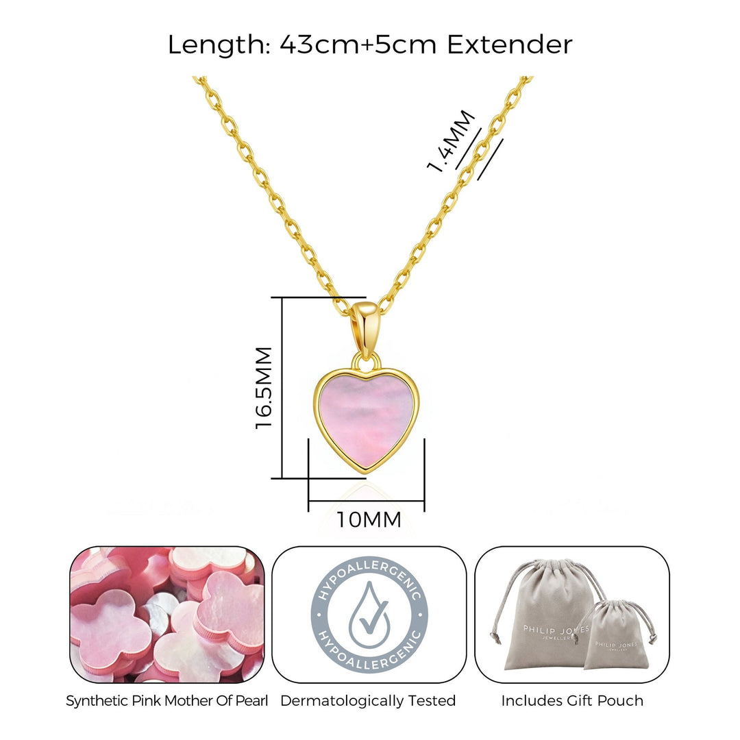 18k Gold Plated Pink Mother of Pearl Gemstone Heart Necklace - Philip Jones Jewellery