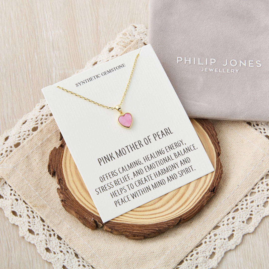 18k Gold Plated Pink Mother of Pearl Gemstone Heart Necklace with Quote Card - Philip Jones Jewellery
