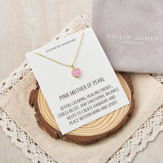 18k Gold Plated Pink Mother of Pearl Gemstone Heart Necklace with Quote Card - Philip Jones Jewellery