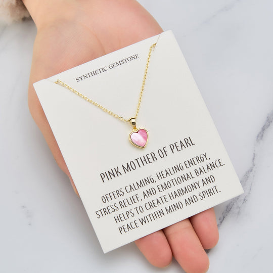 18k Gold Plated Pink Mother of Pearl Gemstone Heart Necklace with Quote Card - Philip Jones Jewellery