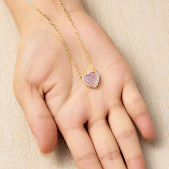 18k Gold Plated Pink Mother of Pearl Gemstone Heart Necklace with Zircondia® Crystals
