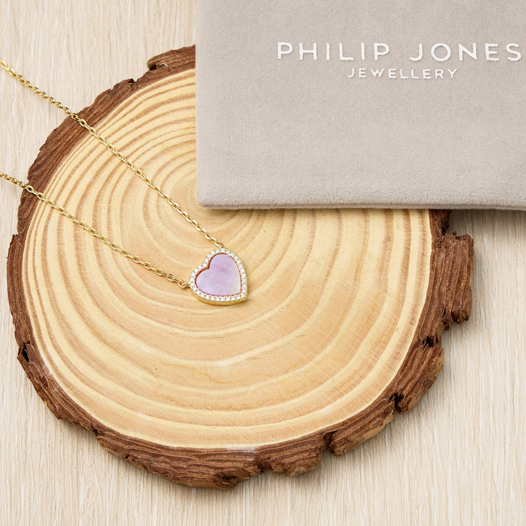 18k Gold Plated Pink Mother of Pearl Gemstone Heart Necklace with Zircondia® Crystals