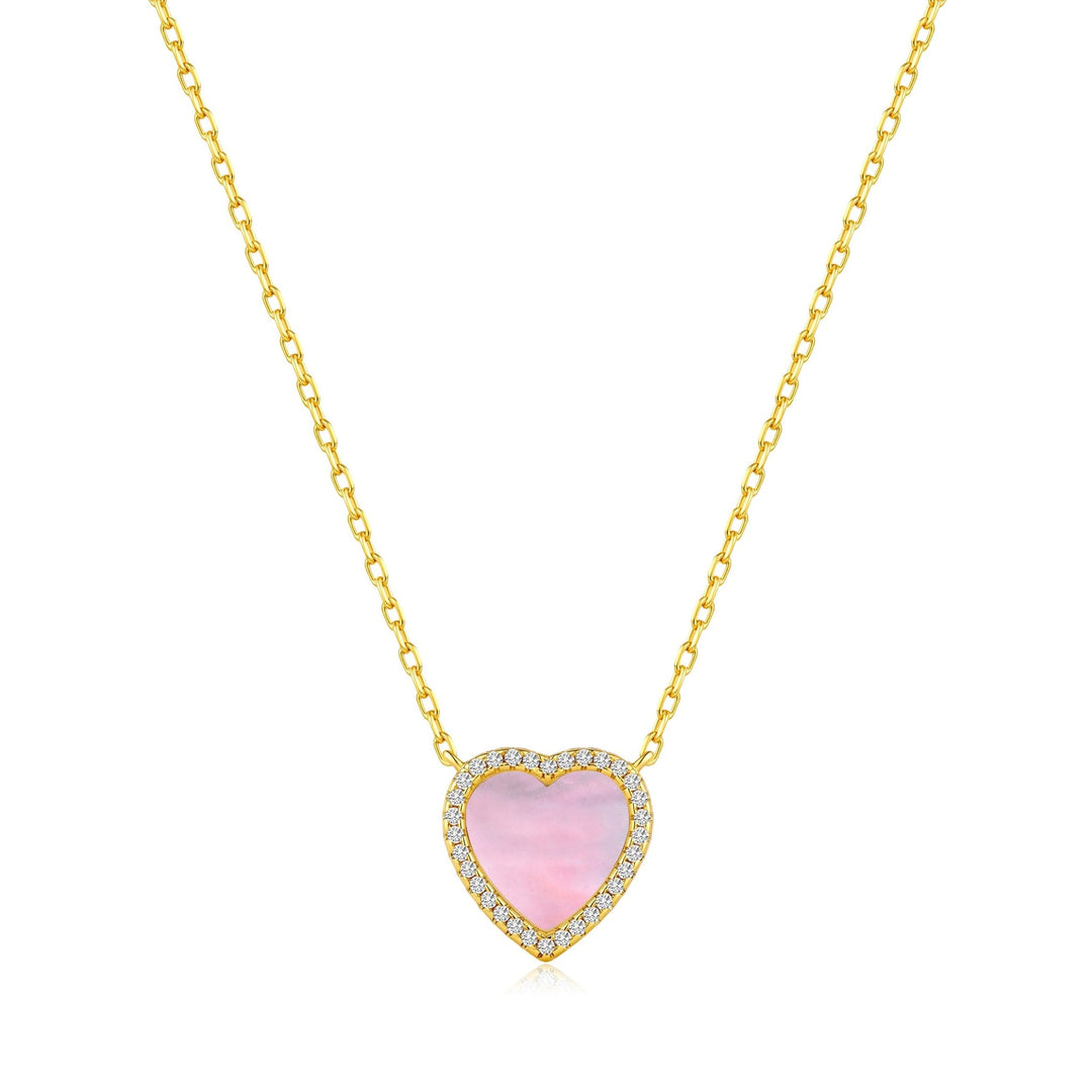18k Gold Plated Pink Mother of Pearl Gemstone Heart Necklace with Zircondia® Crystals