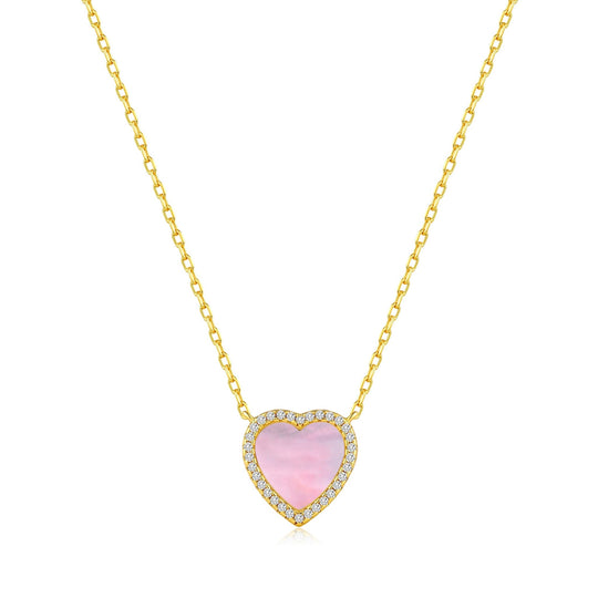 18k Gold Plated Pink Mother of Pearl Gemstone Heart Necklace with Zircondia® Crystals