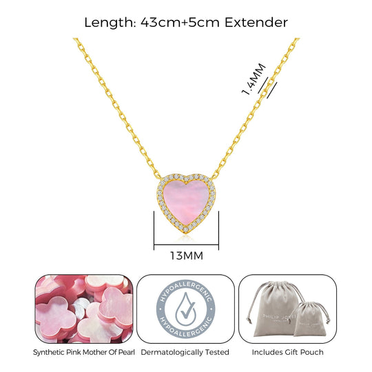 18k Gold Plated Pink Mother of Pearl Gemstone Heart Necklace with Zircondia® Crystals