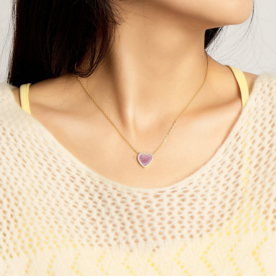 18k Gold Plated Pink Mother of Pearl Gemstone Heart Necklace with Zircondia® Crystals