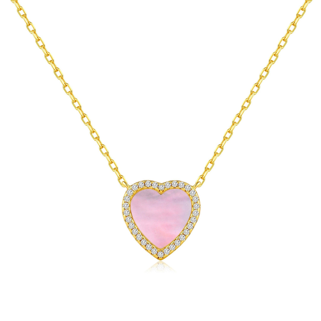 18k Gold Plated Pink Mother of Pearl Gemstone Heart Necklace with Zircondia® Crystals - Philip Jones Jewellery