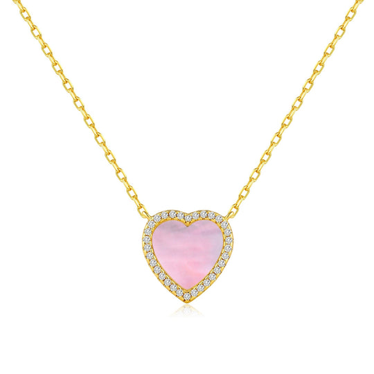 18k Gold Plated Pink Mother of Pearl Gemstone Heart Necklace with Zircondia® Crystals - Philip Jones Jewellery