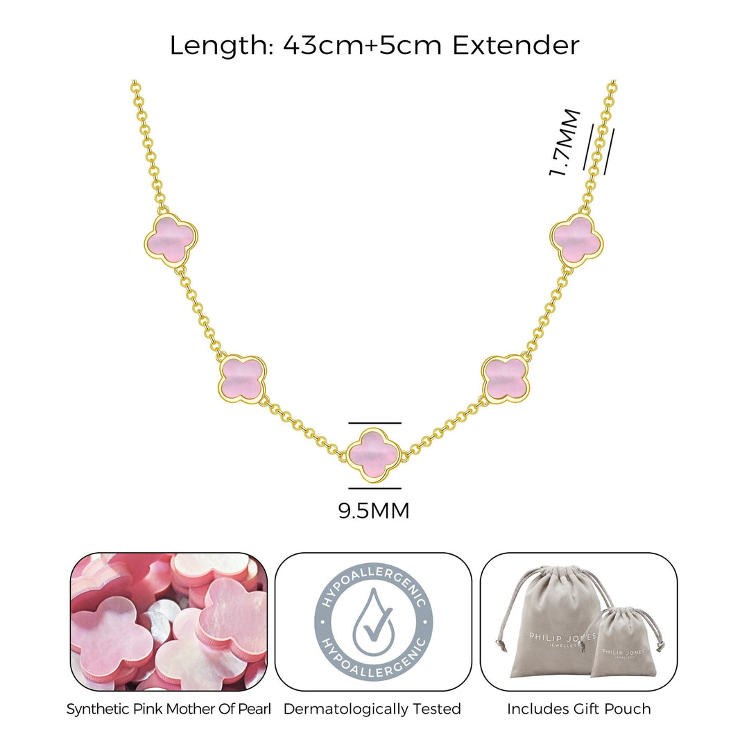 18k Gold Plated Pink Mother of Pearl Gemstone Multi Clover Necklace - Philip Jones Jewellery