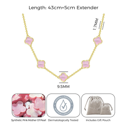 18k Gold Plated Pink Mother of Pearl Gemstone Multi Clover Necklace - Philip Jones Jewellery