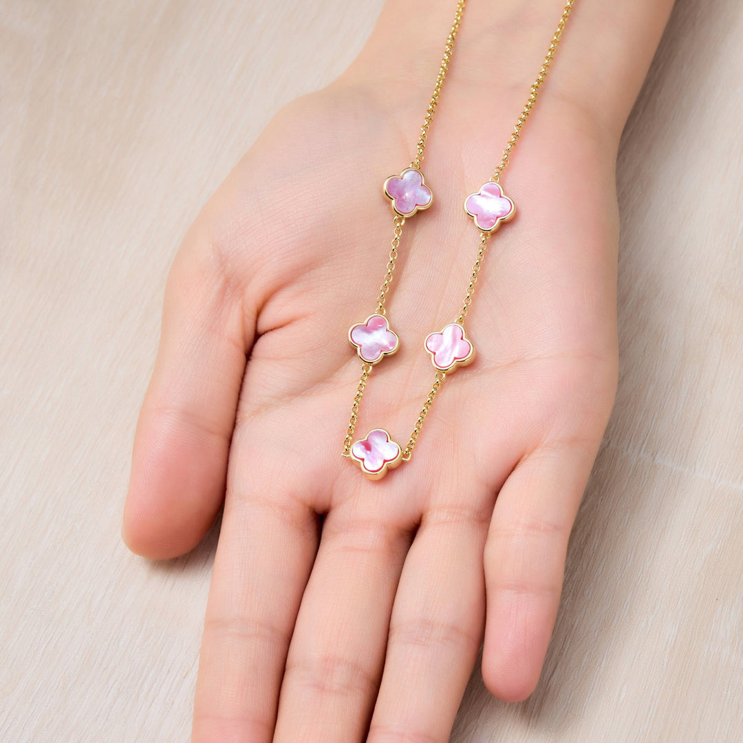 18k Gold Plated Pink Mother of Pearl Gemstone Multi Clover Necklace - Philip Jones Jewellery