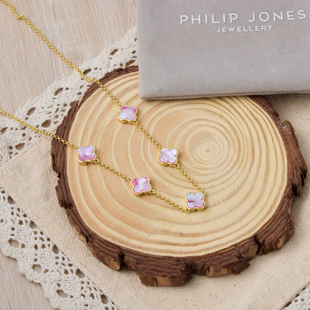 18k Gold Plated Pink Mother of Pearl Gemstone Multi Clover Necklace - Philip Jones Jewellery