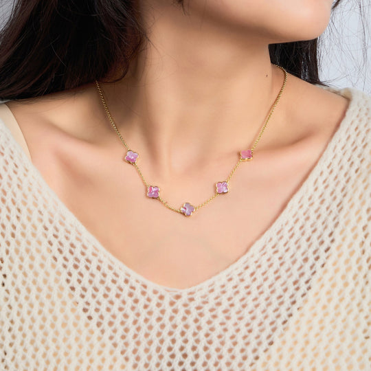 18k Gold Plated Pink Mother of Pearl Gemstone Multi Clover Necklace - Philip Jones Jewellery