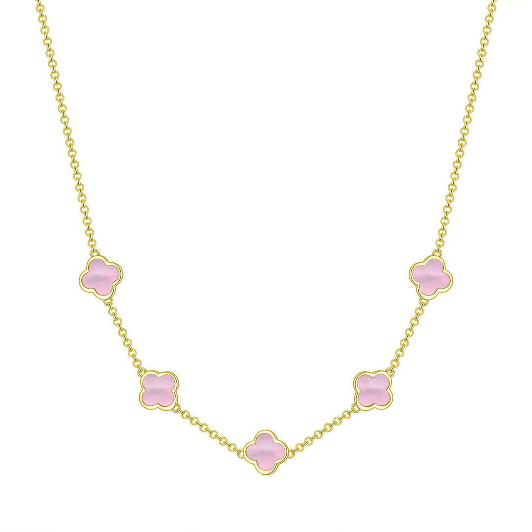 18k Gold Plated Pink Mother of Pearl Gemstone Multi Clover Necklace - Philip Jones Jewellery