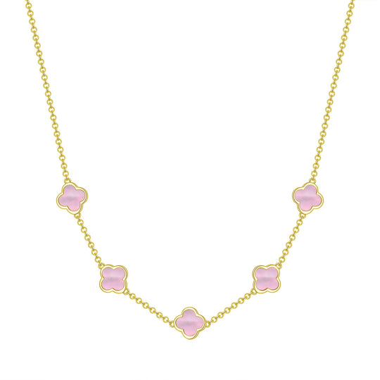 18k Gold Plated Pink Mother of Pearl Gemstone Multi Clover Necklace - Philip Jones Jewellery
