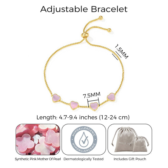 18k Gold Plated Pink Mother Of Pearl Gemstone Multi Heart Friendship Slider Bracelet - Philip Jones Jewellery