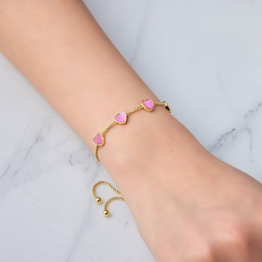 18k Gold Plated Pink Mother Of Pearl Gemstone Multi Heart Friendship Slider Bracelet - Philip Jones Jewellery