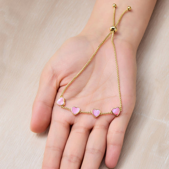 18k Gold Plated Pink Mother Of Pearl Gemstone Multi Heart Friendship Slider Bracelet - Philip Jones Jewellery