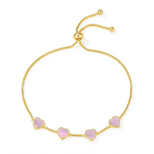 18k Gold Plated Pink Mother Of Pearl Gemstone Multi Heart Friendship Slider Bracelet - Philip Jones Jewellery