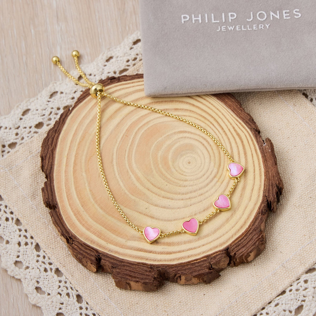18k Gold Plated Pink Mother Of Pearl Gemstone Multi Heart Friendship Slider Bracelet - Philip Jones Jewellery