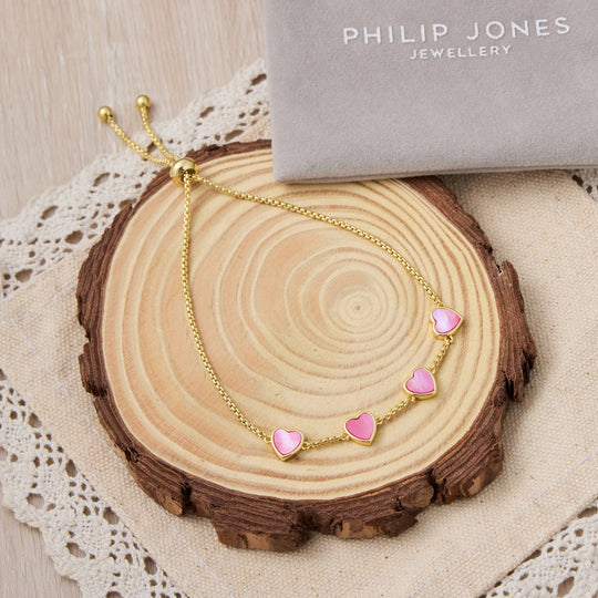 18k Gold Plated Pink Mother Of Pearl Gemstone Multi Heart Friendship Slider Bracelet - Philip Jones Jewellery